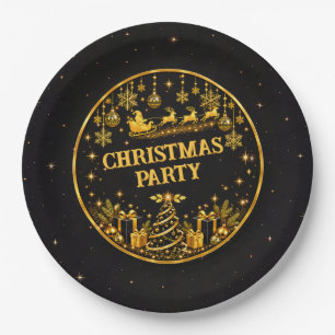 Pratos de Papel Elegantes Preto Dourado Papai Noel