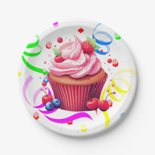 Pratos de Papel Feliz Aniversário Confete Cupcake