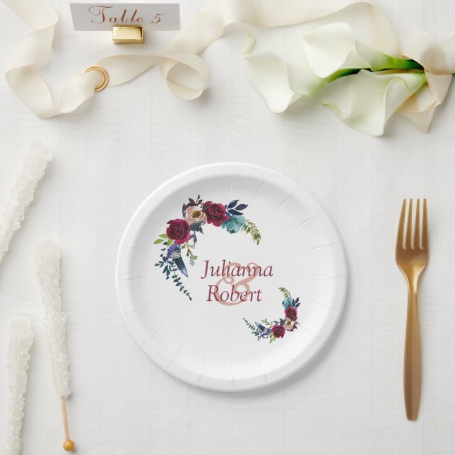 Pratos de papel florais boho vermelhos (Casamento)