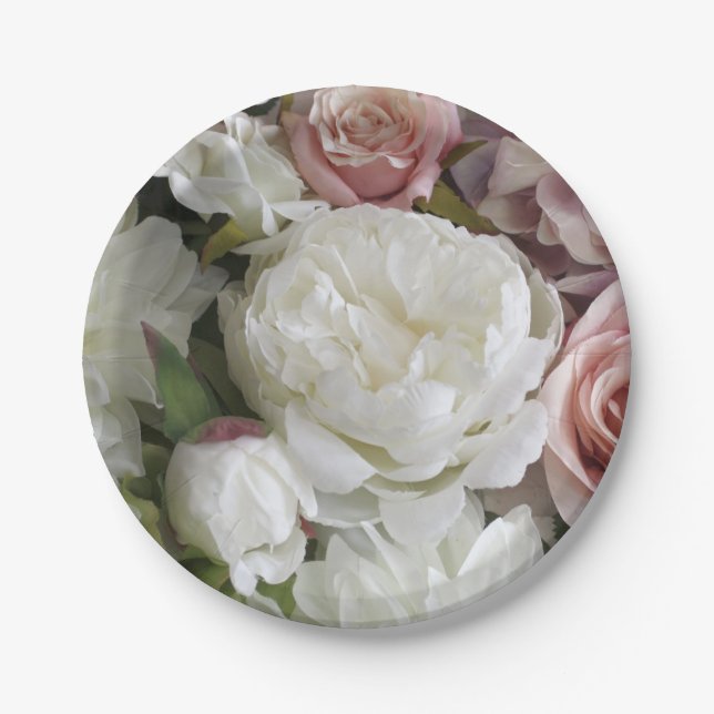 Pratos de papel florais brancos e pêssego bonitos (Frente)