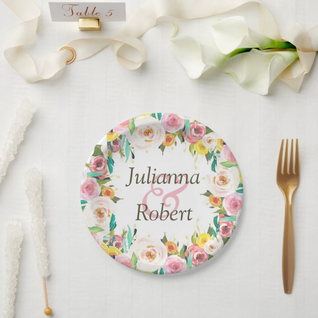 Pratos de papel florais pastéis (Casamento)