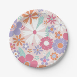 Pratos de Papel Florais Rosa Retro Groovy