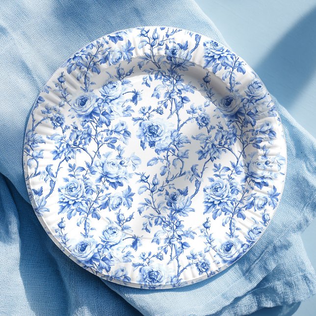 Pratos de Papel Florais Toile Azul de Luxo com Ros (Luxury Blue French Toile Roses Floral Paper Plates)