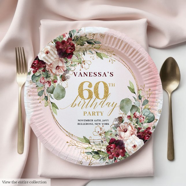 Pratos de Papel Floral Bege Dourado Boho Rústico M (Rustic Boho Merlot Blush Gold Floral Paper Plates

)