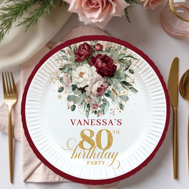 Pratos de Papel Floral Borgonha Tendência para 80  (Trendy Burgundy Floral 80th Birthday Paper Plates)