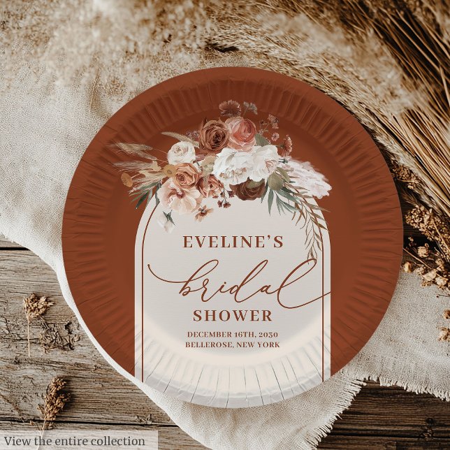 Pratos de Papel Floral com Grama das Pampas Ferrug (Romantic Rust Pampas Grass Floral Paper Plates)