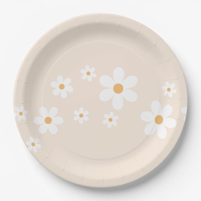 Pratos de papel floral creme Retro Daisy (Frente)