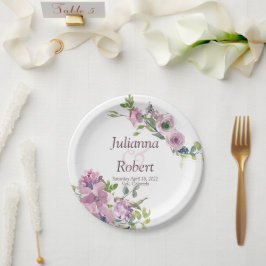 Pratos de papel floral de aquarela roxa para casam