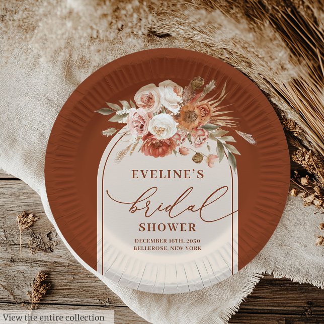 Pratos de Papel Floral de Grama das Pampas de Terr (Modern Terracotta Pampas Grass Floral Paper Plates)