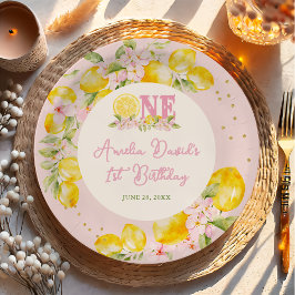 Pratos de papel floral de limão para 1º aniversári