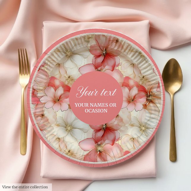 Pratos de Papel Floral Rosa Água e Dourado (Watercolor Blush Pink and Gold Floral Paper Plates)