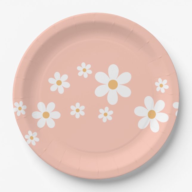 Pratos de Papel Floral Rosa Claro Retro Daisy (Frente)