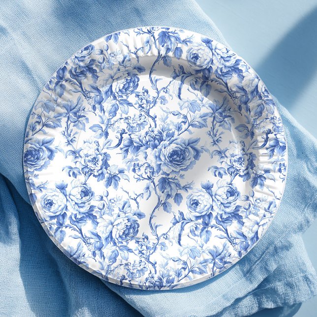 Pratos de Papel Floral Rosas Azul Royal Francês To (Royal Blue French Toile Roses Floral Paper Plates)
