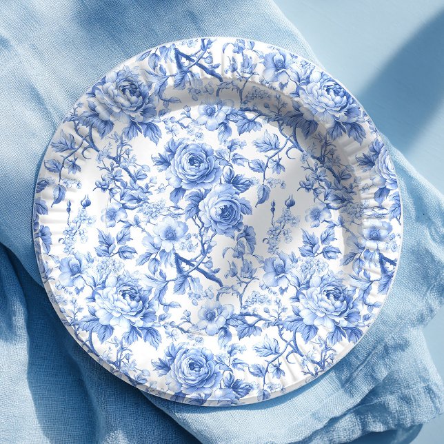 Pratos de Papel Floral Rosas Toile Francês Azul Ma (Navy Blue French Toile Roses Floral Paper Plates)