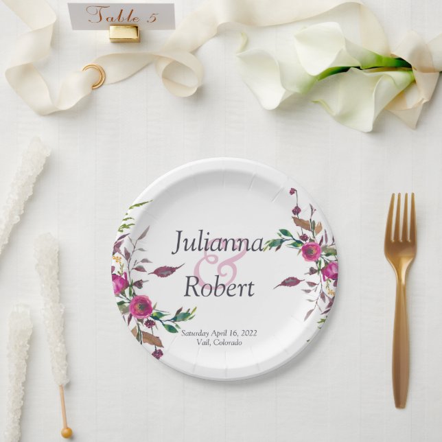 Pratos de papel floral solto rosa (Casamento)