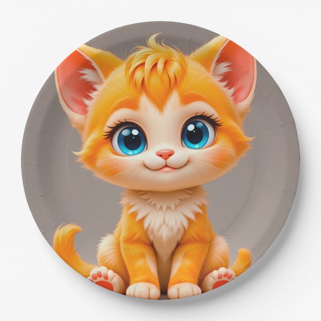Pratos de Papel Gatinho Laranja Fofo Talheres para (Frente)