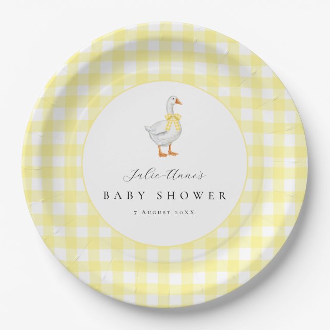 Pratos de Papel Gingham de Ganso para Chá de Bebê (Frente)