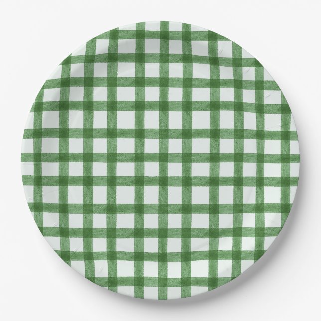 Pratos de papel gingham verde água-forte 019 (Frente)