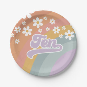 Pratos de papel Groovy Retro Rainbow para 10º aniv