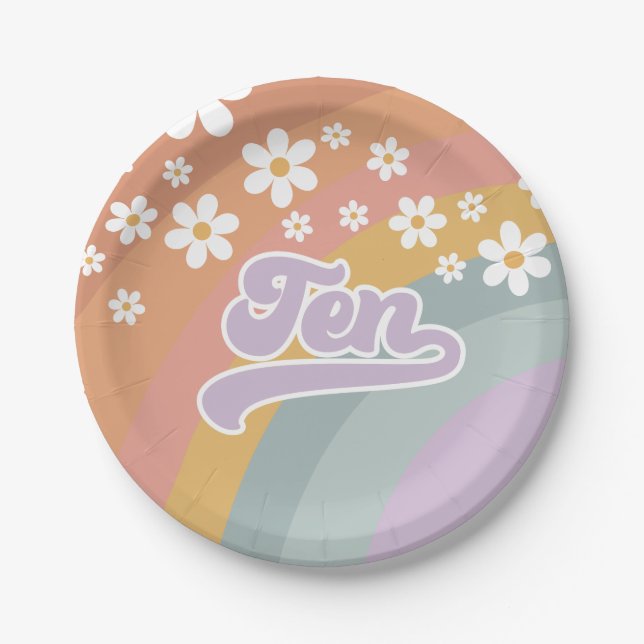 Pratos de papel Groovy Retro Rainbow para 10º aniv (Frente)