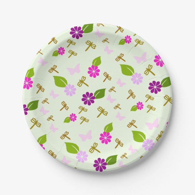 Pratos de Papel Libélula Jardim de Flores Louças (Frente)