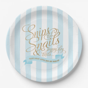 Pratos de papel listrados de azul bebê Snips e Sna