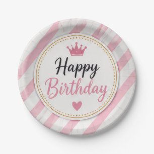 Pratos de Papel Listrados Rosa Feliz Aniversário