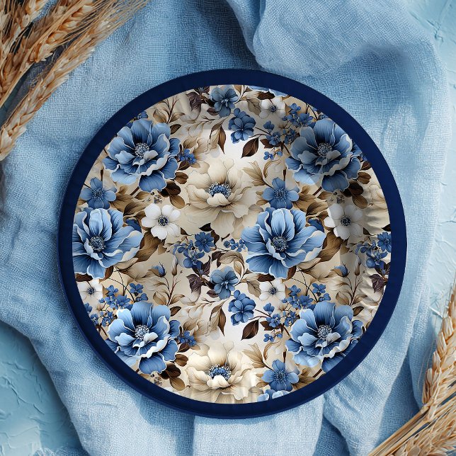 Pratos de Papel Luxuosos com Flores Sofisticadas e (Sophisticated Navy Blue Floral Luxury Paper Plates)