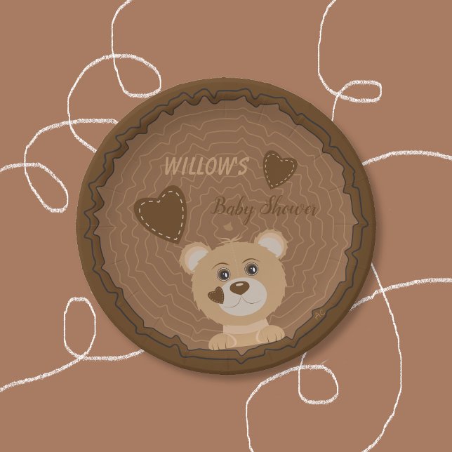 Pratos de Papel Marrom Chuvinha de Bebê Urso da Fl (Brown bear personalized baby shower brown paper plate .)