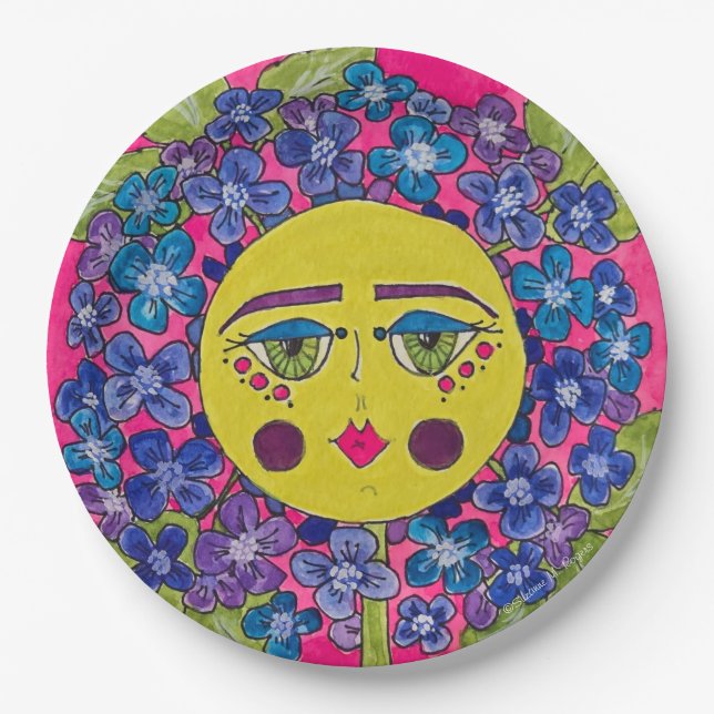 Pratos de papel Menina Flor de Hortênsia Pintada (Frente)