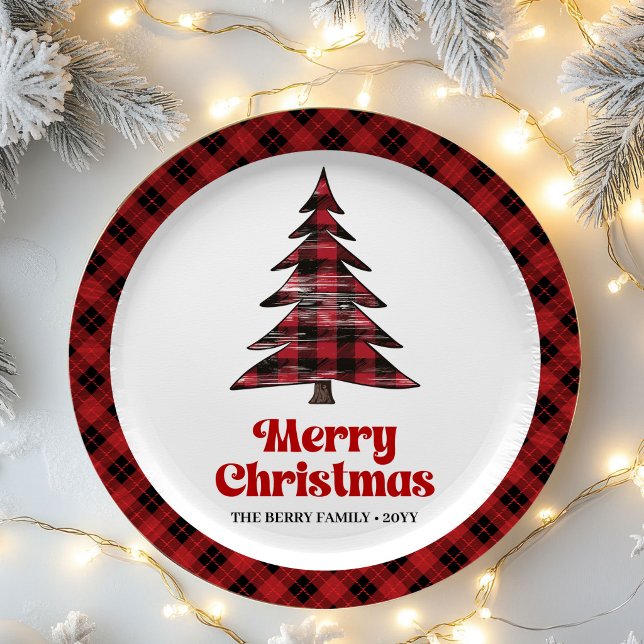 Pratos de Papel Natalinos com Xadrez de Búfalo Per (Festive Buffalo Check Christmas Name Paper Plates)
