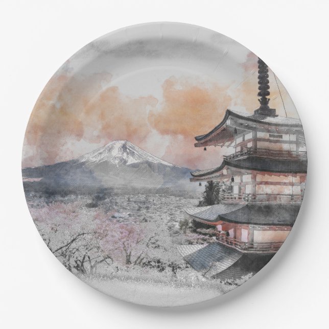Pratos de Papel Pagode Japonesa e Mt. Fuji Aquarel (Frente)