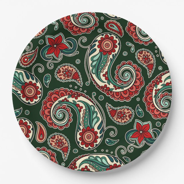 Pratos de Papel Paisley Vermelho e Verde (Frente)