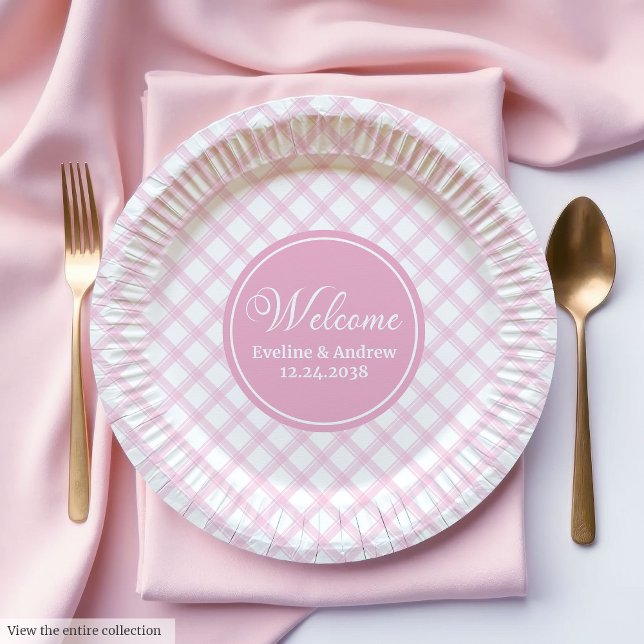 Pratos de Papel para Aniversário de Crianças Xadre (Kids Birthday Paper Plates Pink Plaid Elegant Chic)