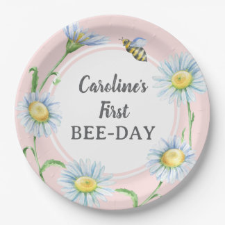 Pratos de papel para aniversário Pink Bee-Day com