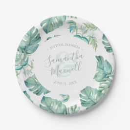 Pratos de papel para casamento com folhagem tropic