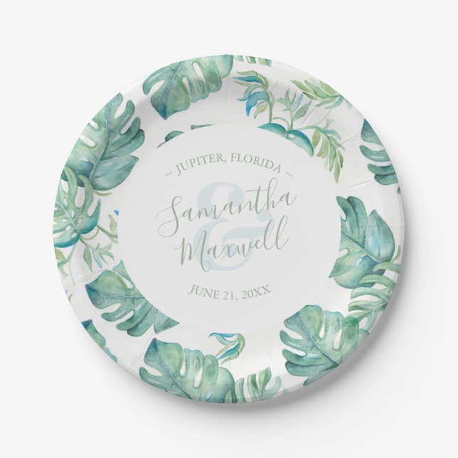Pratos de papel para casamento com folhagem tropic (Frente)