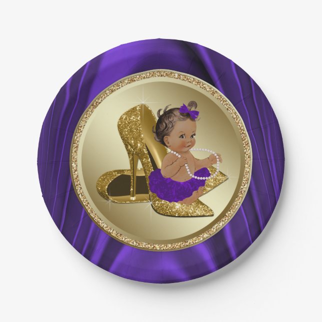 Pratos de Papel para Chá de Bebê em Dourado Roxo (Frente)