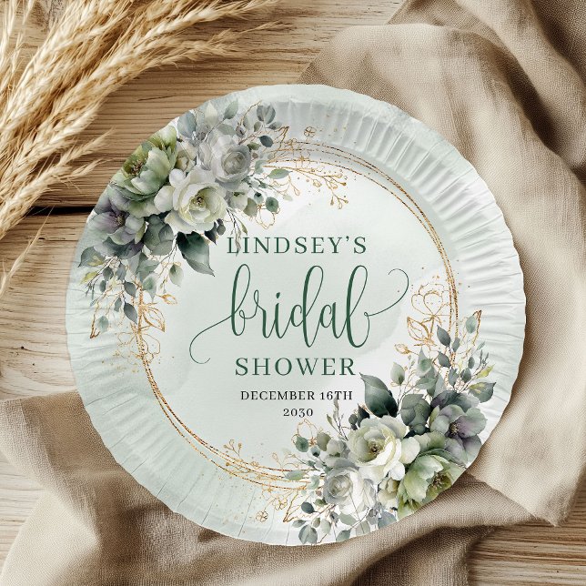 Pratos de Papel para Chá de Noiva Botânico em Verd (Sage Green Botanical Bridal Shower Paper Plates)