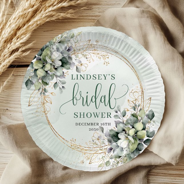 Pratos de Papel para Chá de Noiva Botânico em Verd (Dusty Green Botanical Bridal Shower Paper Plates)