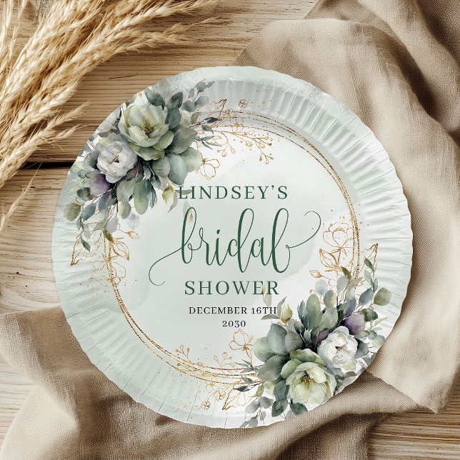 Pratos de Papel para Chá de Noiva com Aguarela Ver (Greenery Watercolor Bridal Shower Paper Plates)
