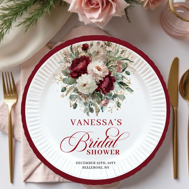Pratos de Papel para Chá de Noiva com Flores Marro (Chic Maroon Floral Bridal Shower Paper Plates)