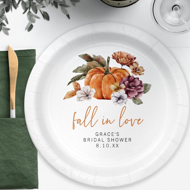 Pratos de Papel para Chá de Noiva Enamorada (Fall In Love Watercolor Burnt Orange Bridal Shower Paper Plates by Painted Paperie)
