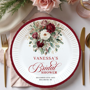 Pratos de Papel para Chá de Noiva Floral Burgundy 