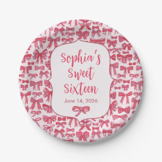 Pratos de papel para festa com laço rosa Coquette