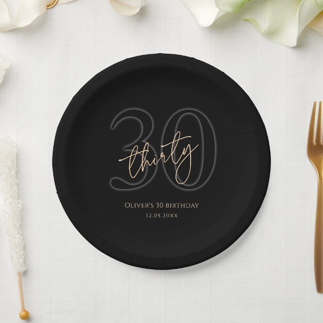 Pratos de Papel para Festa de Aniversário de 30 An (Modern Black Gold 30th Birthday Party Paper Plates)