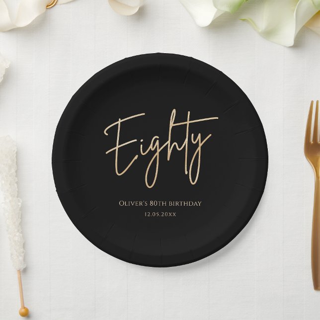 Pratos de Papel para Festa de Aniversário de 80 an (Black Gold 80th Birthday Party Paper Plates)