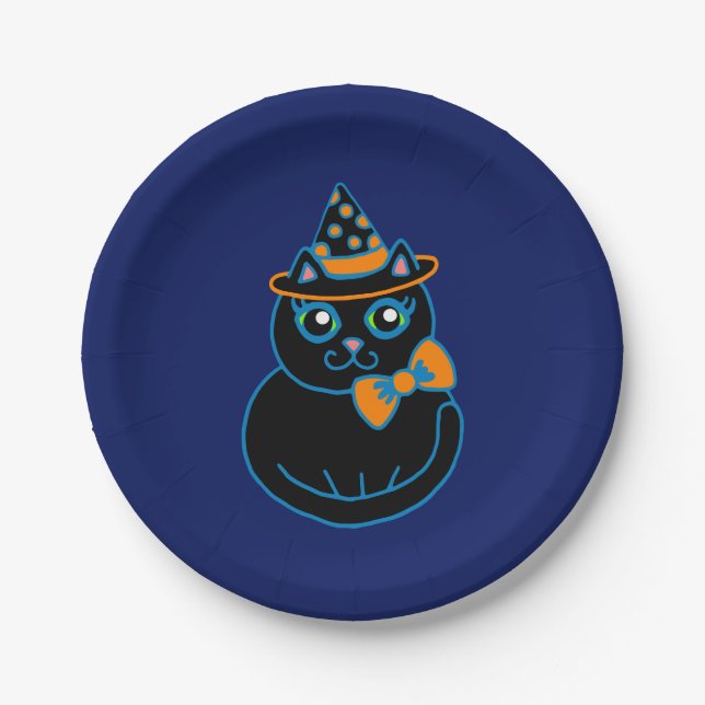Pratos de papel para festa de Halloween do gato pr (Frente)