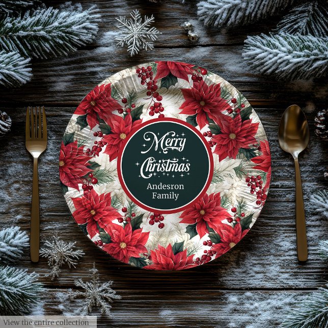 Pratos de Papel Personalizados Flores de Natal Ver (Custom Christmas Flowers Red Green Paper Plates )