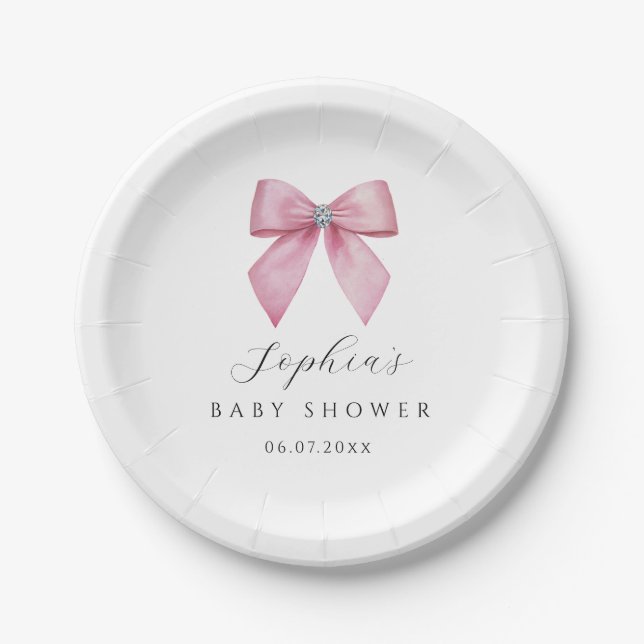 Pratos de Papel Pink Bow Baby Shower  (Frente)